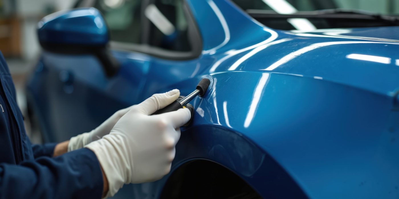 Skilled technician fixes dent on blue car fender. Specialist performs paintless dent repair PDR on vehicle body. Mechanic uses precise tool to, restore automotive panel. Service worker removes damage