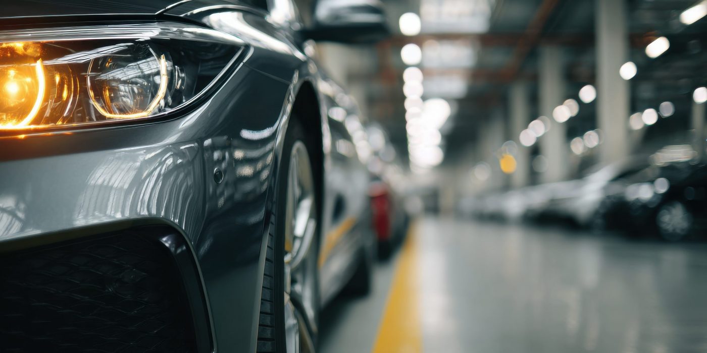 Closeup of a modern dark gray car parked in a dealership or factory