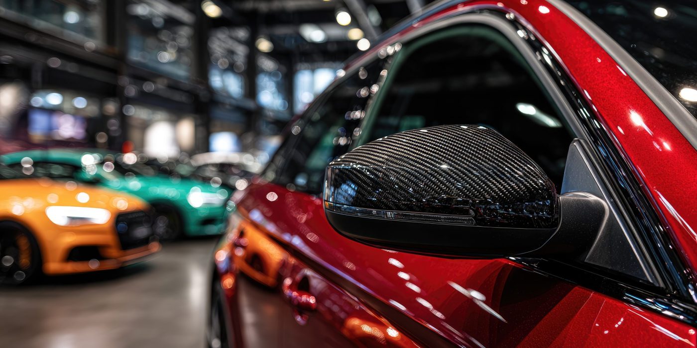 Close-up on a glossy red vehicle's side mirror with other cars